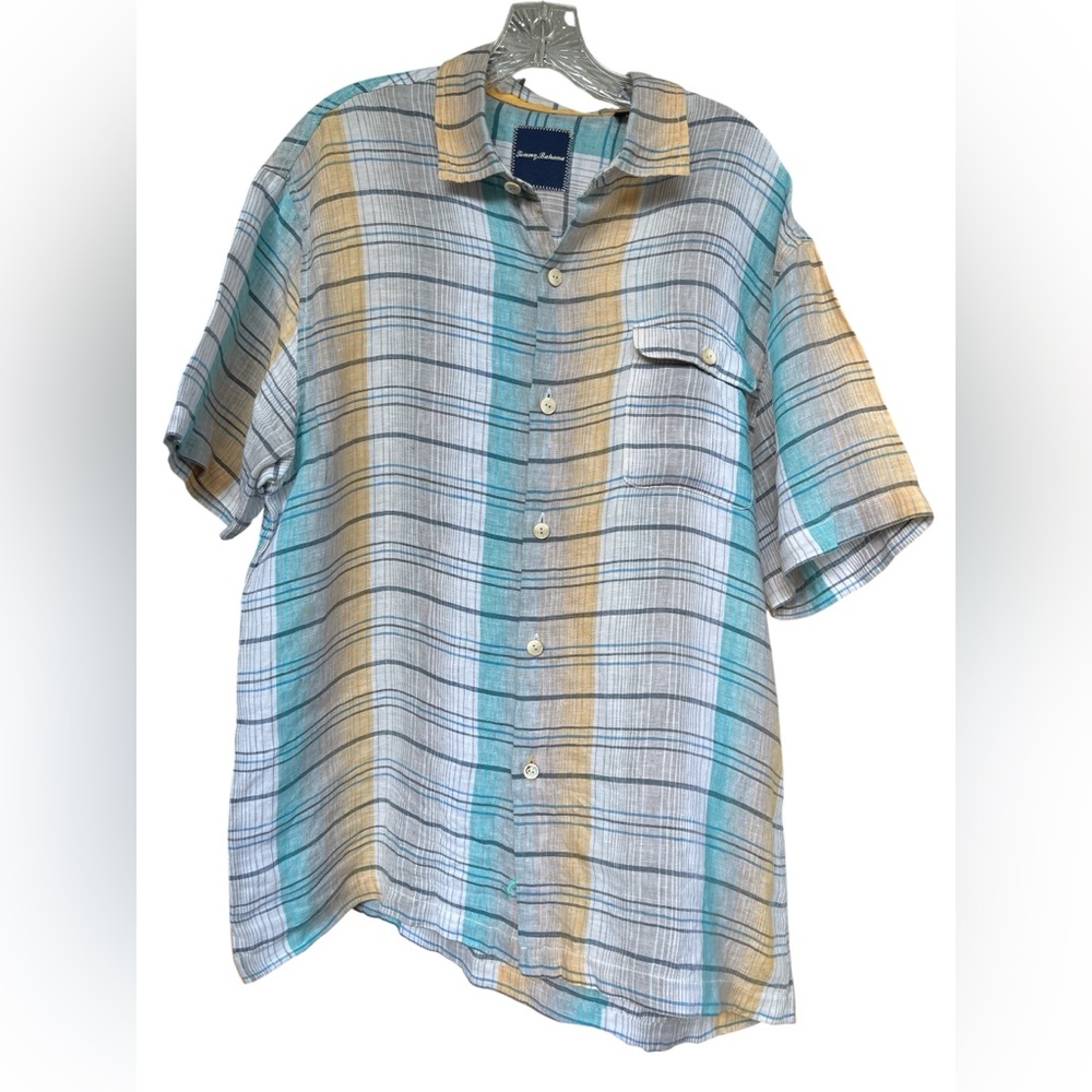 Tommy Bahama Men's Size Large Blue and Yellow Plaid button SS Shirt
